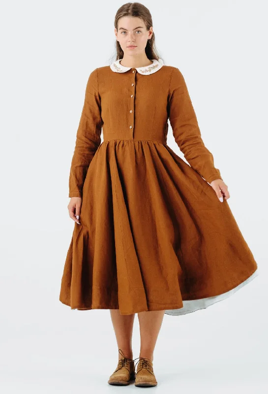 Classic Dress with Embroidered Golden Fields Collar, Long Sleeve Dreamy Draping