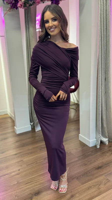 Sheridan Purple Off Shoulder Wrap Effect Midi Dress Exclusive Discounts