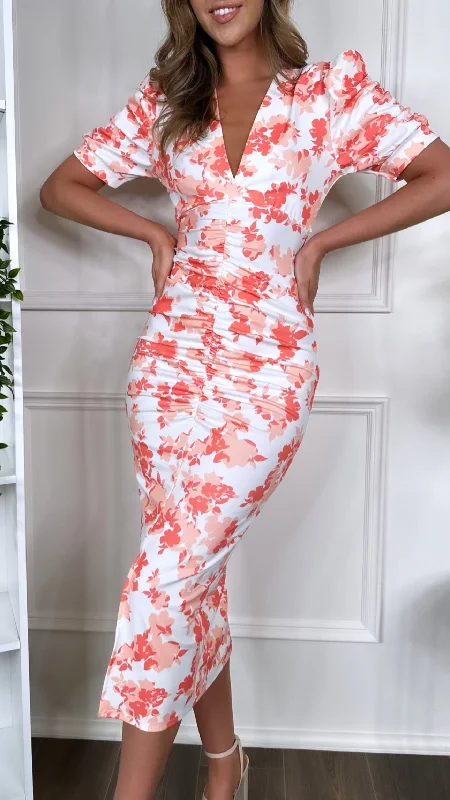 Sabina White & Orange Short Sleeve Ruched Midi Dress Elegant Attire