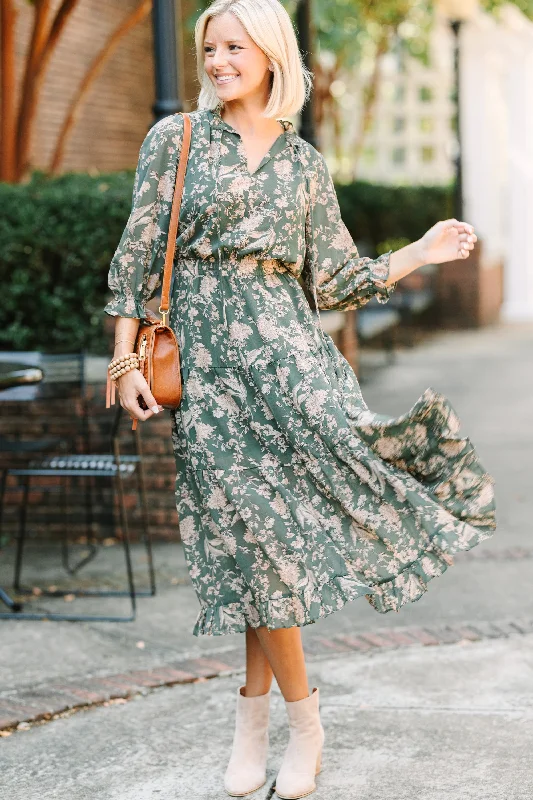 Pinch: Class Act Dark Olive Green Floral Mid Dress Huge Discounts This Week