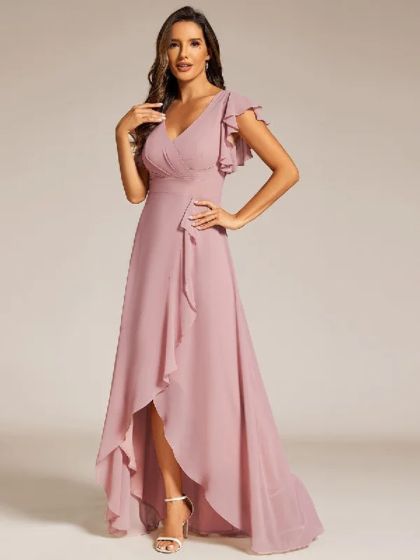 Celia | Elegant Ruffled Chiffon High-Low Bridesmaid Dress with Backless Design Style Streetwear