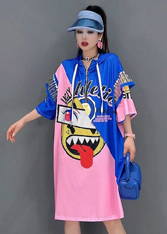 Modern Blue Red Hooded Drawstring Zippered Print Robe Dresses Short Sleeve Trendy Styles