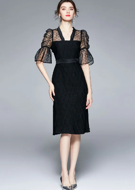 Slim Fit Black V Neck Tulle Patchwork Cotton Dress Flare Sleeve Massive Selection Sale