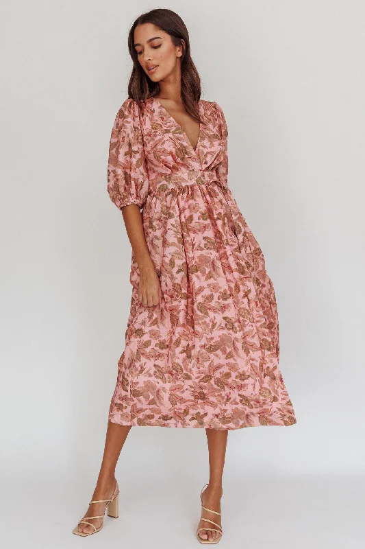 Doris Floral Puff Sleeve Midi Wrap Dress Blush Mega Sales