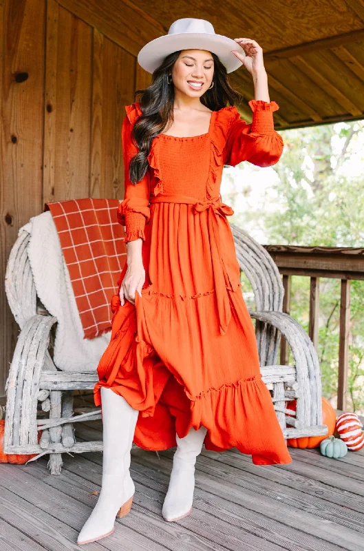 Feel Your Love Rust Orange Ruffled Midi Dress Casual Yet Stylish Separates