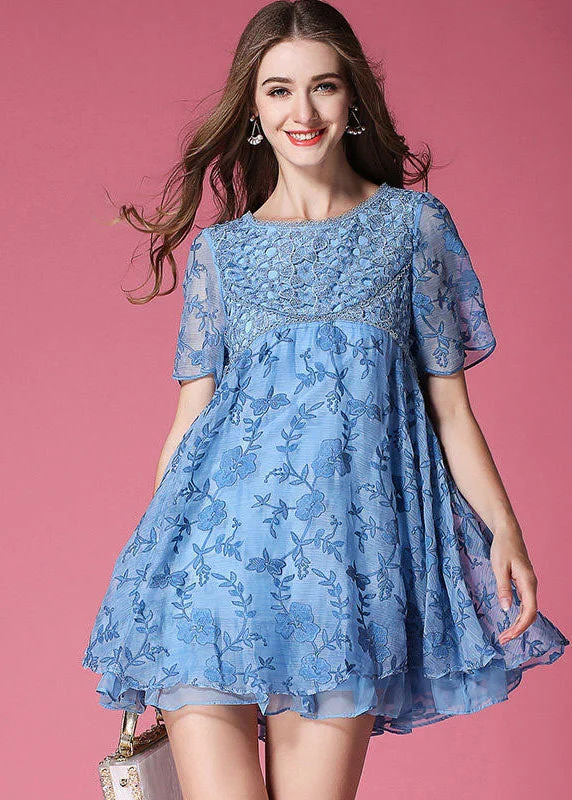 Modern Blue O-Neck Embroideried Organza Dresses Summer Must-Have Styles