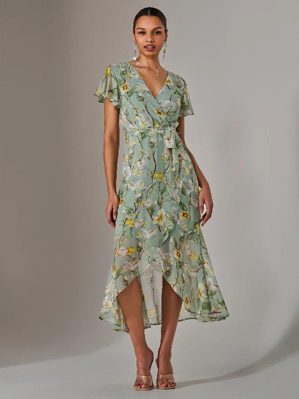 Chiffon Wrap Midi Dress, Teal Floral Best Sellers