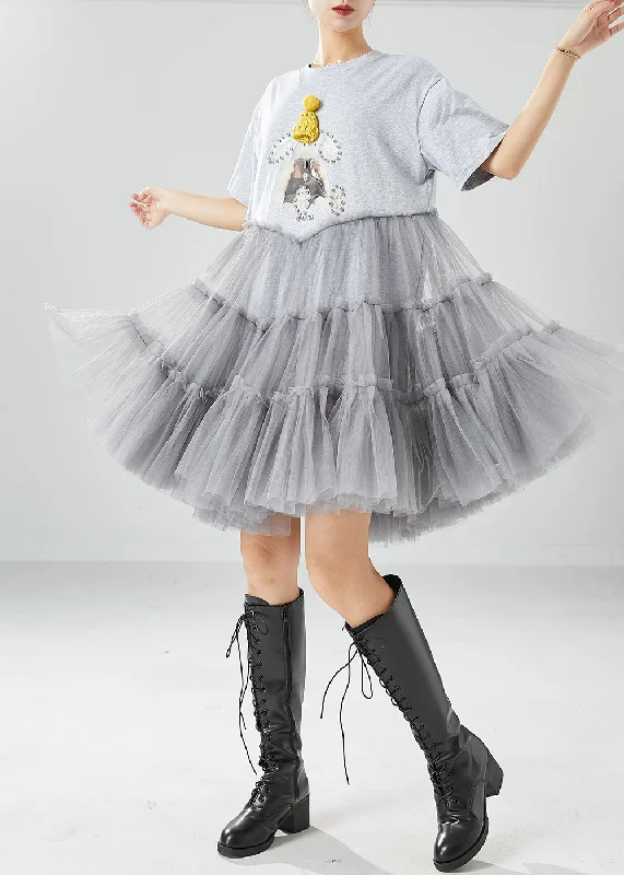 Unique Grey Cartoon Zircon Tulle Patchwork Cotton Party Dress Summer Effortless Comfort