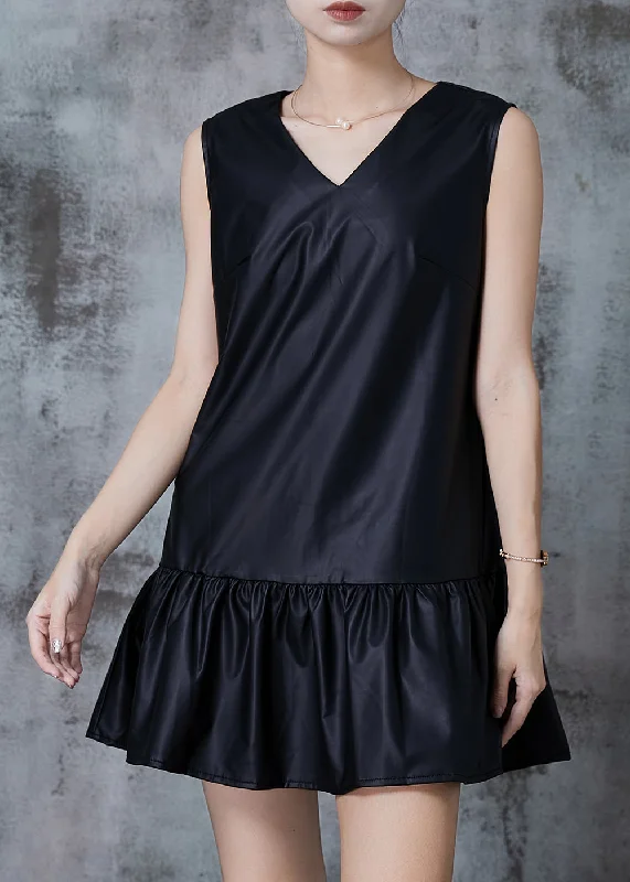 Natural Black V Neck Patchwork Day Dress Summer Luxe Women's Apparel