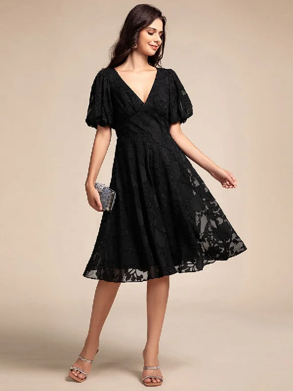 Puff Sleeve V-Neck Midi Wedding Guest Dress Trend Alert