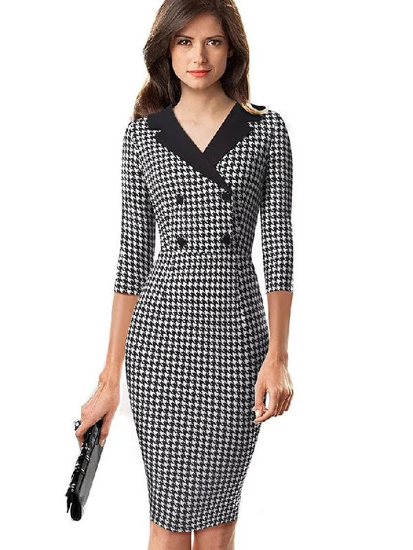 BerriesJam - Vintage Houndstooth Patchwork Office Work Vestido Unleash Your Fashion