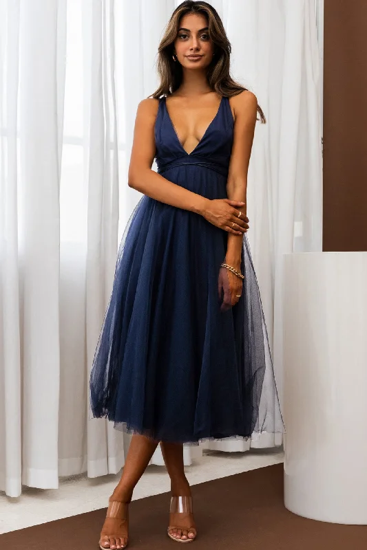 Floating By Plunging Neckline Mesh Overlay Midi Dress Navy Budget Friendly