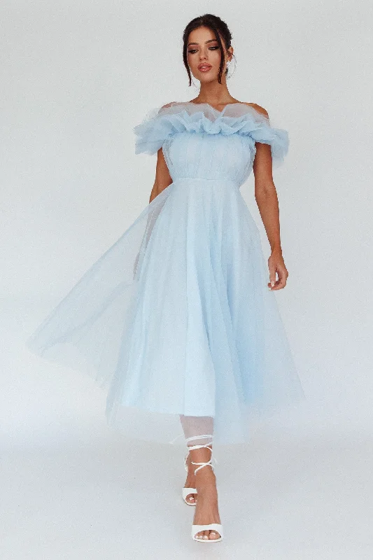 May Rose Off-Shoulder Tulle Midi Dress Light Blue Trend Setting Threads