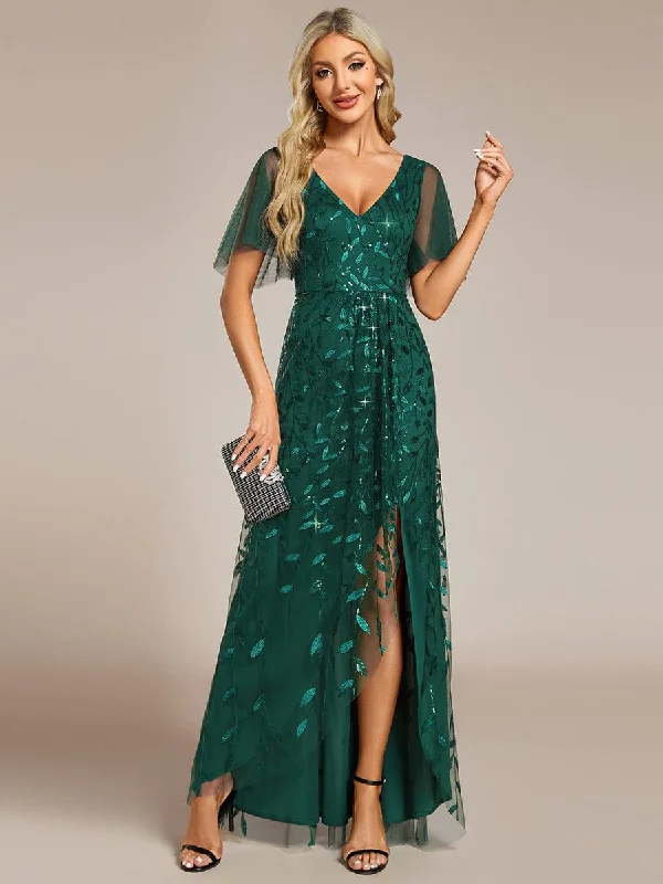 Short Sleeves Sequin High Low V-Neck Midi Formal Evening Dress Sustainable Fashion Extravaganza