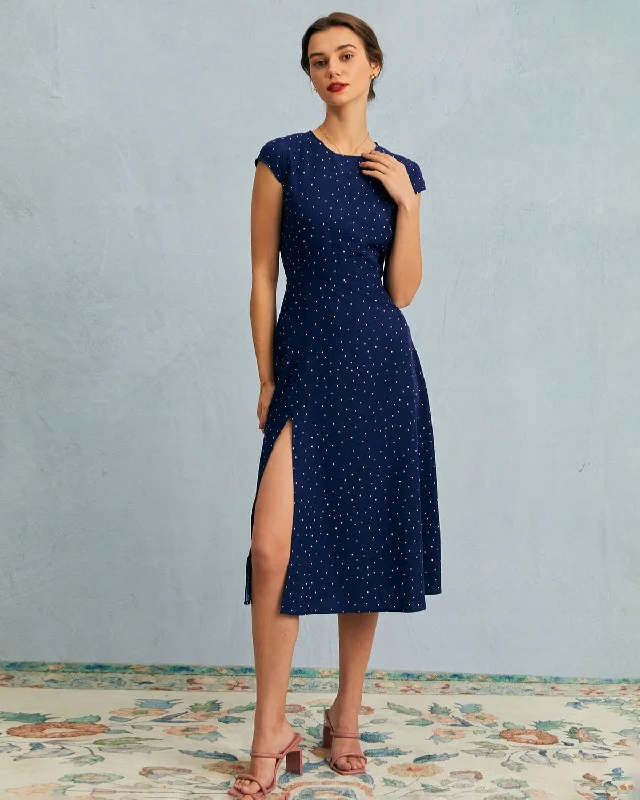 The Navy Round Neck Polka Dot Cutout Midi Dress Hot Deals