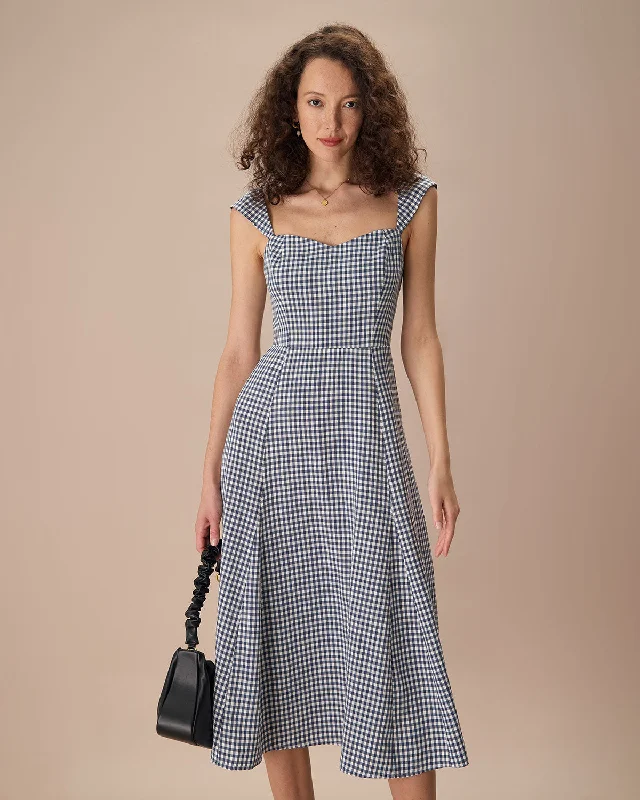 The Navy Plaid Shirred Back Midi Dress Versatile Style Wardrobe