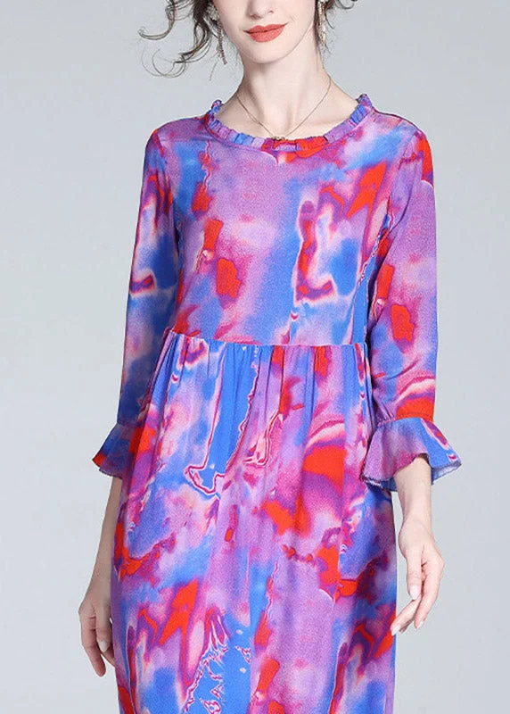 Modern Purple O-Neck Ruffled Print Cinched Silk Mid Dress Flare Sleeve Big Savings On Minimalist Office Styles