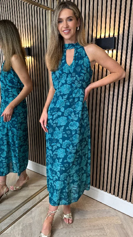 Rosalie Teal Printed Halterneck Tie Detail Midi Dress Elegant Style