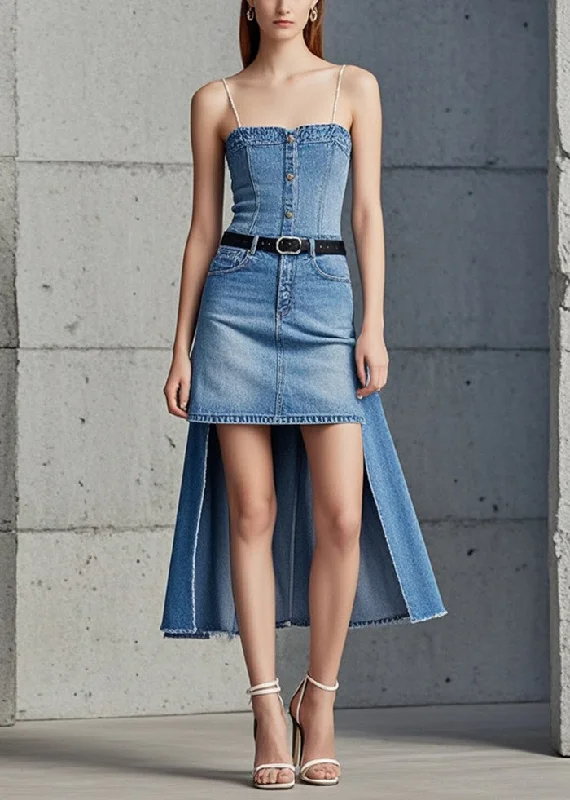 Silm Fit Blue Asymmetrical Low High Design Denim Sundress Summer Massive Savings