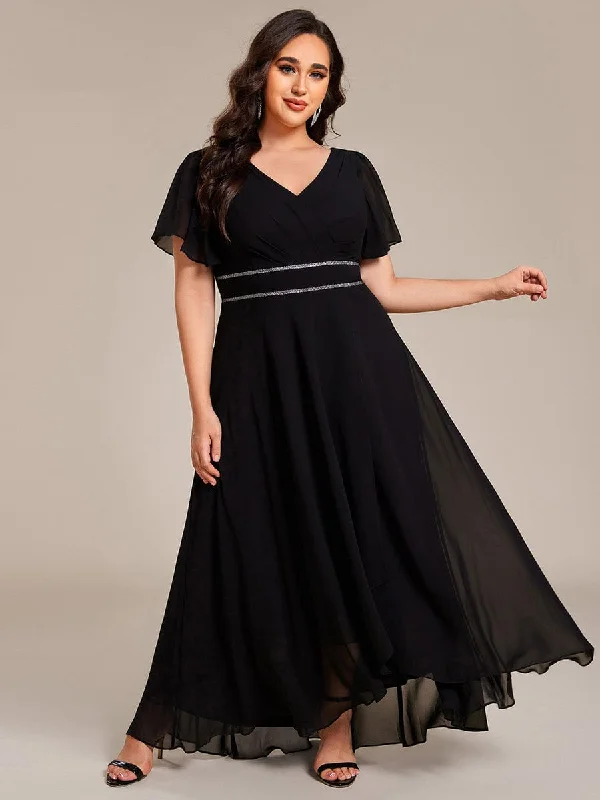 Yolanda | Plus Size V-Neck Rhinestone Waist Chiffon Maxi Formal Evening Dress Luxe Women's Apparel