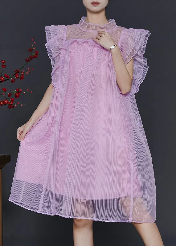 Women Pink Oversized Tulle Vacation Dress Butterfly Sleeve Clearance Event