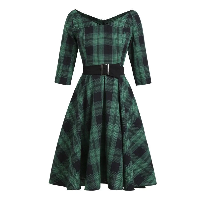 BerriesJam - 2024Plaid Elegant Robe V Neck High Waist Dress Wardrobe Update