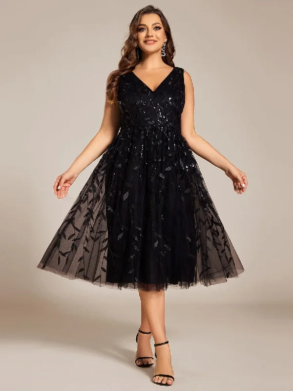 Coco | Plus Size Sleeveless Leaf Sequin A-Line Midi Wedding Guest Dress Fashion Forward Femininity