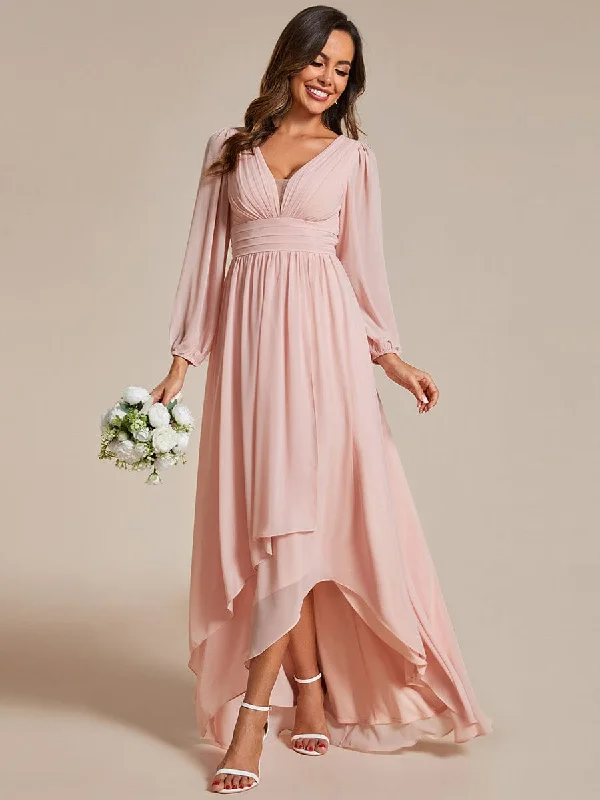 A-Line Pleated See-Through Long Lantern Midi Chiffon Bridesmaid Dress Elegant Style