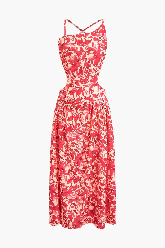 Floral Print Criss Cross Backless Slit Midi Dress Trending Items