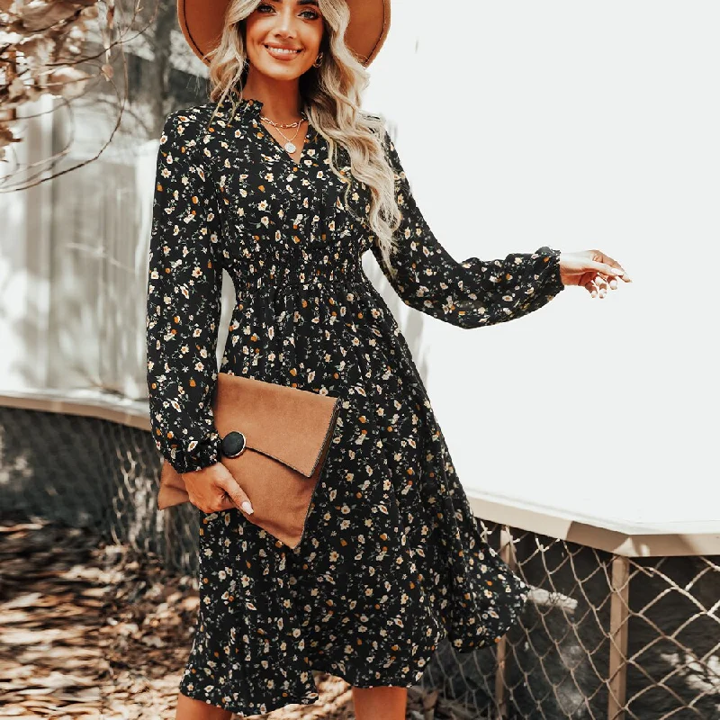 BerriesJam - Floral Banded Waist V-neck Long Sleeve Party Midi Dress Save On Classic Elegant Styles