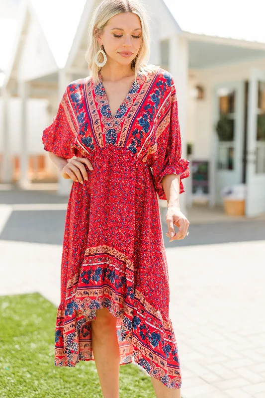 Boho Summer Red Floral Midi Dress Casual Chic