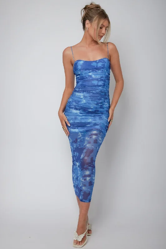 Logan Ruched Midi Dress Mottled Blue Versatile Outfits