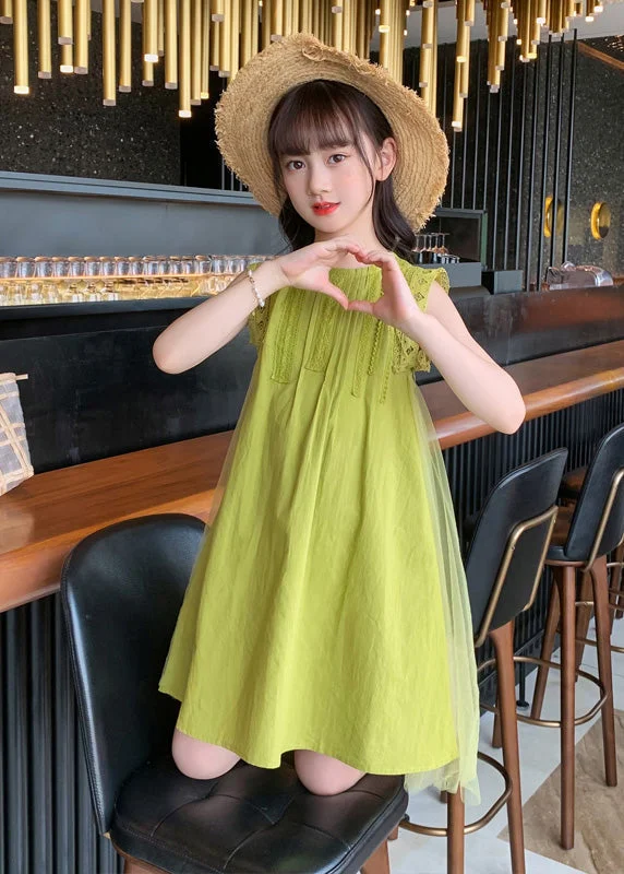 Handmade Green Tulle Patchwork Solid Cotton Kids Mid Dresses Sleeveless Stylish Statements