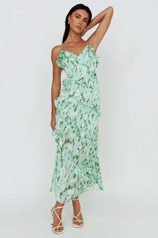 Silvana Frill Trim Midi Dress Print Green Casual Chic