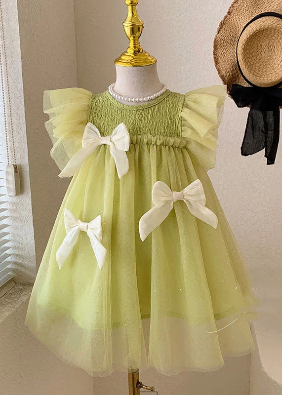 Beautiful Green Ruffled Bow Patchwork Tulle Kids Girls Princess Dress Summer Unleash Your Fashion