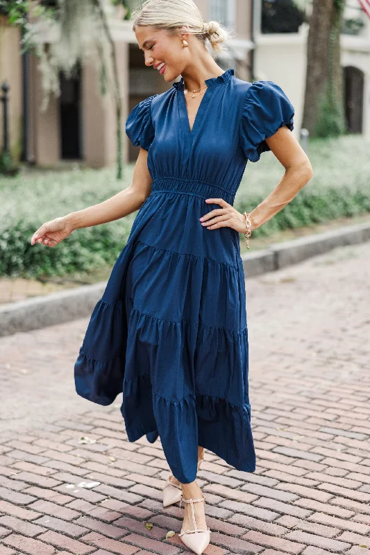 Coming Back For You Navy Blue Tiered Midi Dress Budget-Friendly Fashion