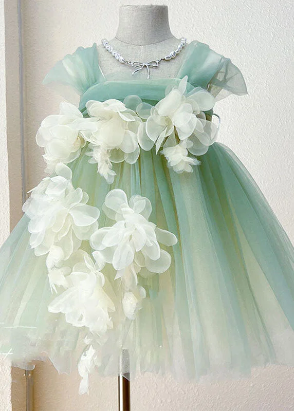 Boutique Green Floral Bow Patchwork Tulle Kids Girls Princess Dresses Summer Chic And Edgy