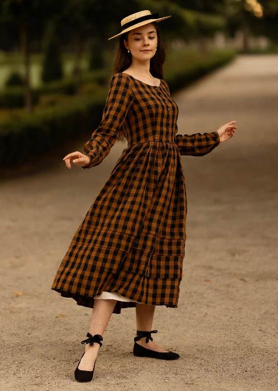 Eyre Dress, Long Sleeve, Brown Checkers Limited Time