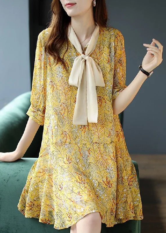 Women Yellow Lace Up Patchwork Print Chiffon Party Dress Summer Must-Have Styles