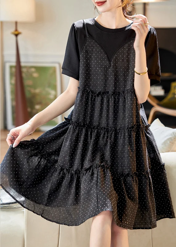 Unique Black O-Neck Patchwork Dot Print Fake Two Pieces Chiffon Mid Dresses Summer First Order Discount