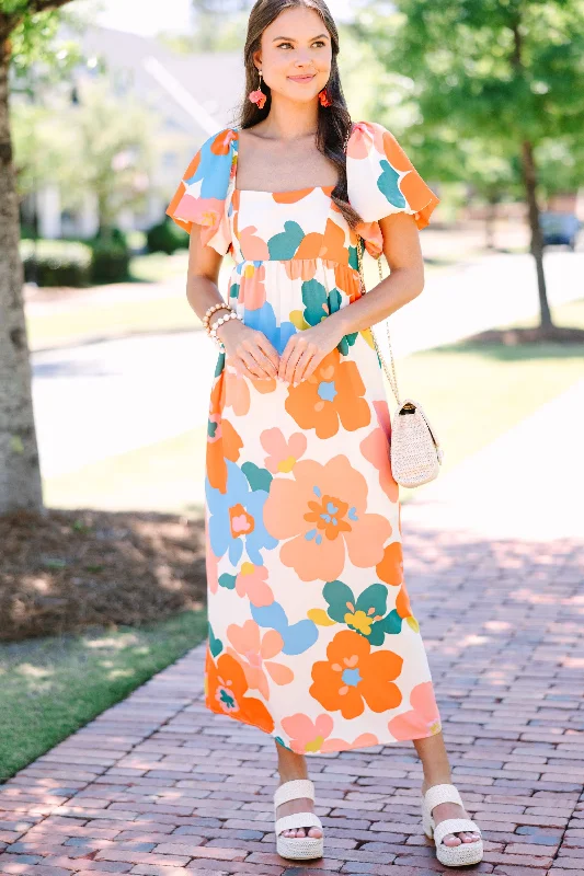 Tell Me More Orange Retro Floral Midi Dress Fashion Frontiers