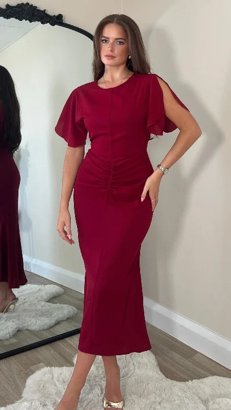 Alexa Burgundy Ruched Detail Midi Dress Lightweight Fabric