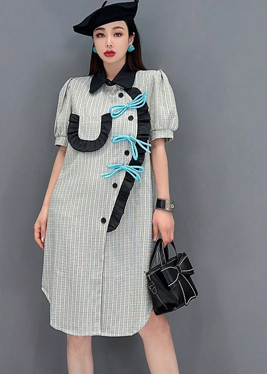 Handmade Grey Asymmetrical Design Ruffled Patchwork Plaid Robe Dresses Short Sleeve Exclusive Sale