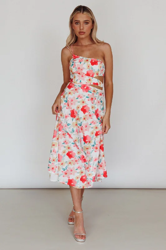 Halia One-Shoulder A-Line Midi Dress Floral Pink Limited Stock