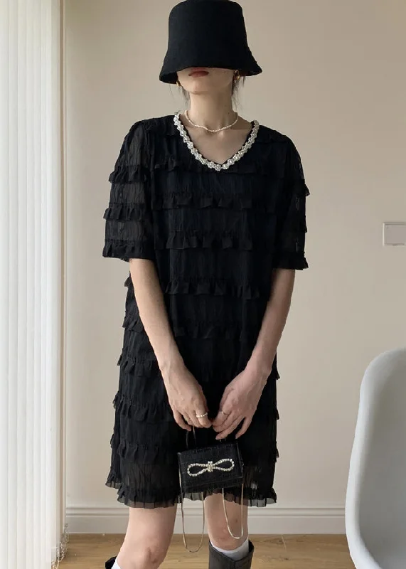 Black Patchwork Tulle Mid Dress V Neck Nail Bead Ruffled Summer Style Revolution