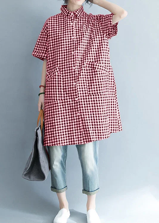 Unique black Red cotton linen shirts women stylish lapel pockets oversized Summer shirts Feminine Elegance