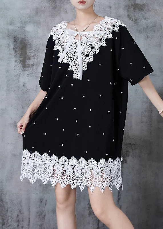 Boutique Black Oversized Patchwork Lace Tea Dresses Summer Cool Prices