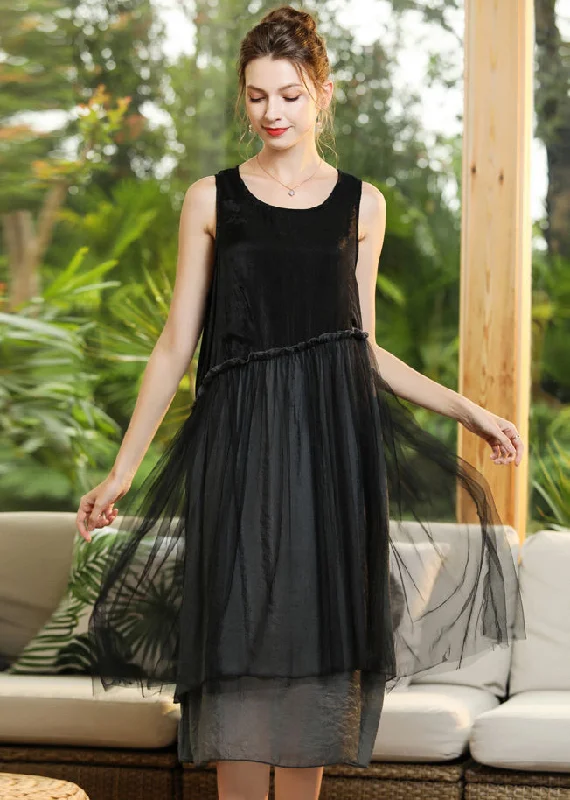 Elegant Black O-Neck Patchwork Tulle Long Dresses Sleeveless Feminine Soft - Hued Styles