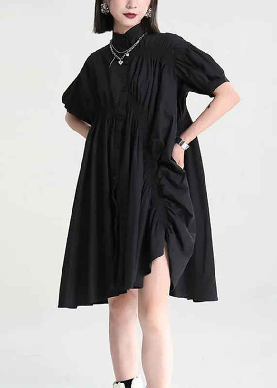 Black Cotton Mid Dress Exra Large Hem Cinched Applique Short Sleeve Best Sellers