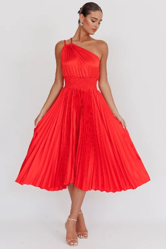 Calissa One Shoulder Pleated Midi Dress Red Huge Discounts This Week